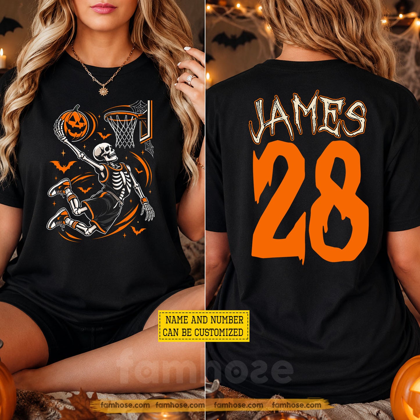 Personalized Halloween Basketball Skeleton Two-sided T-shirt, Dunk Till You Drop Tees Spooky Season Gift For Basketball Lover