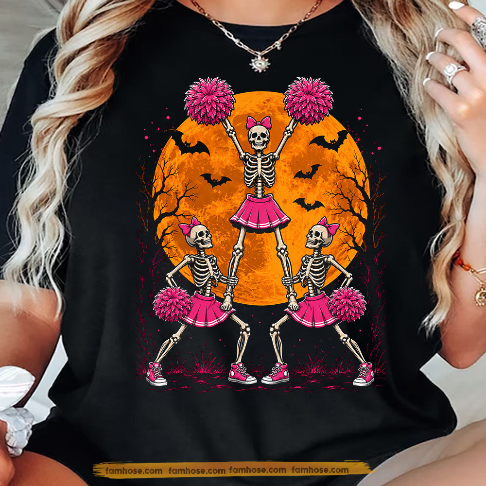 Halloween Cheerleading Skeleton T-shirt, Pink Cheer Squad Tees Spooky Season Gift For Cheerleading Lover