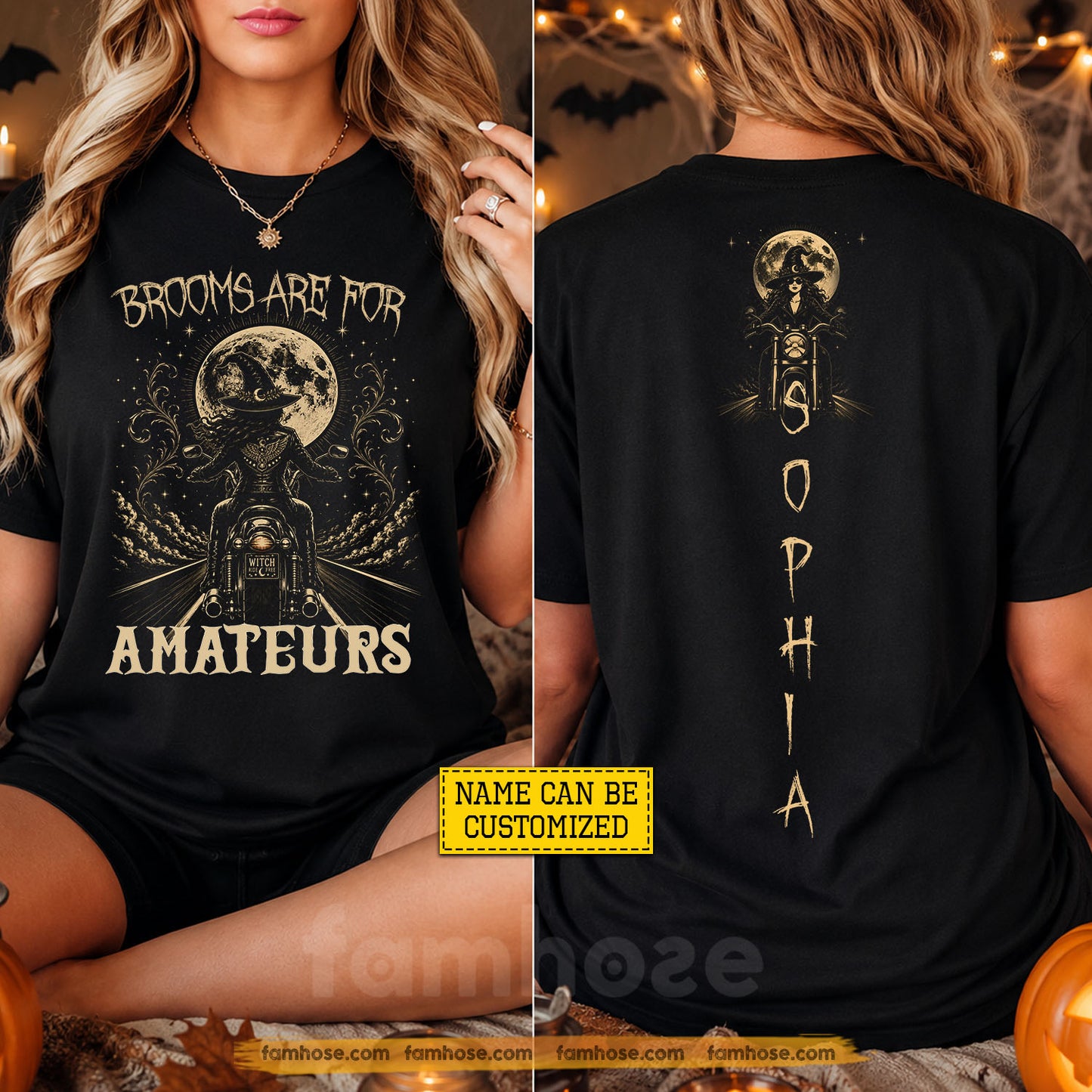 Funny Personalized Halloween Witch Motorcycle Two-sided T-shirt, Brooms Are For Amateurs Tees Spooky Season Gift For Bikers