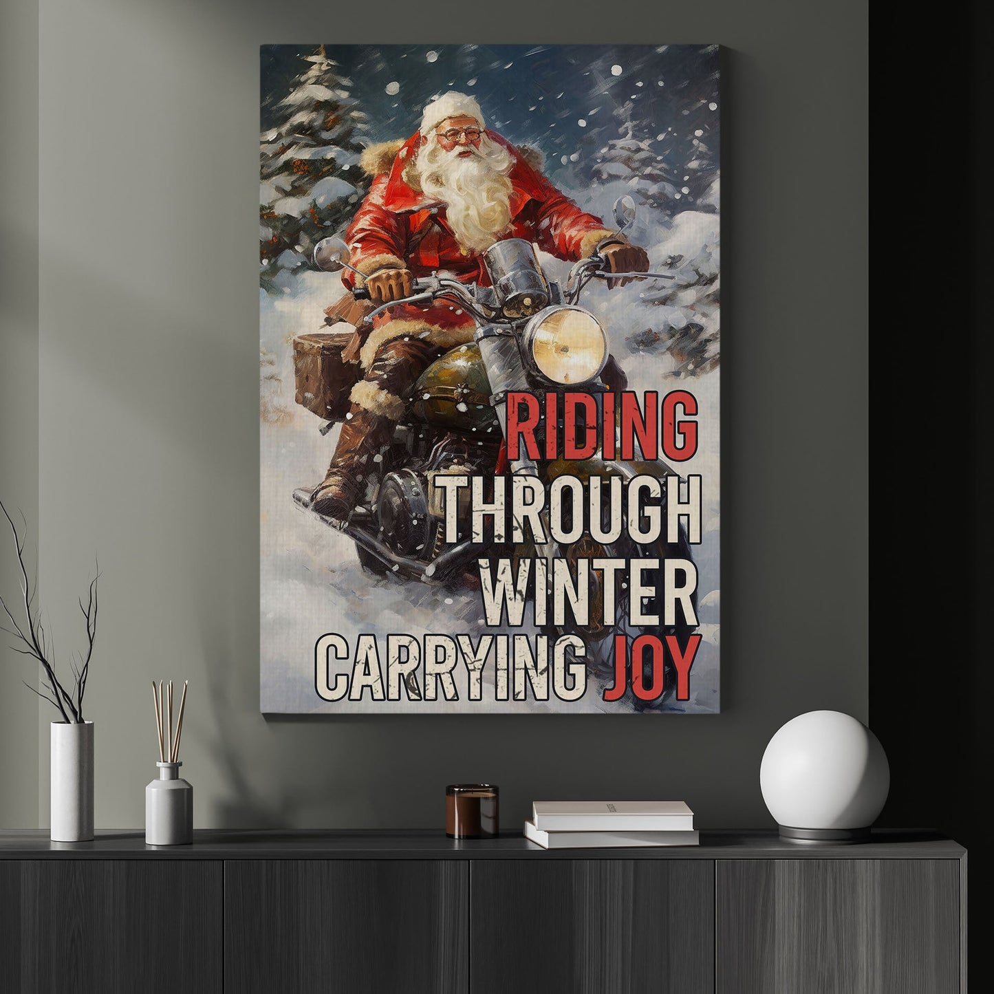 Riding Through Winter Carrying Joy, Biker Christmas Canvas Painting, Xmas Wall Art Decor - Christmas Poster Gift For Motorbike  Lovers