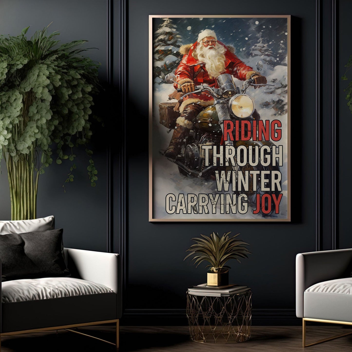 Riding Through Winter Carrying Joy, Biker Christmas Canvas Painting, Xmas Wall Art Decor - Christmas Poster Gift For Motorbike  Lovers