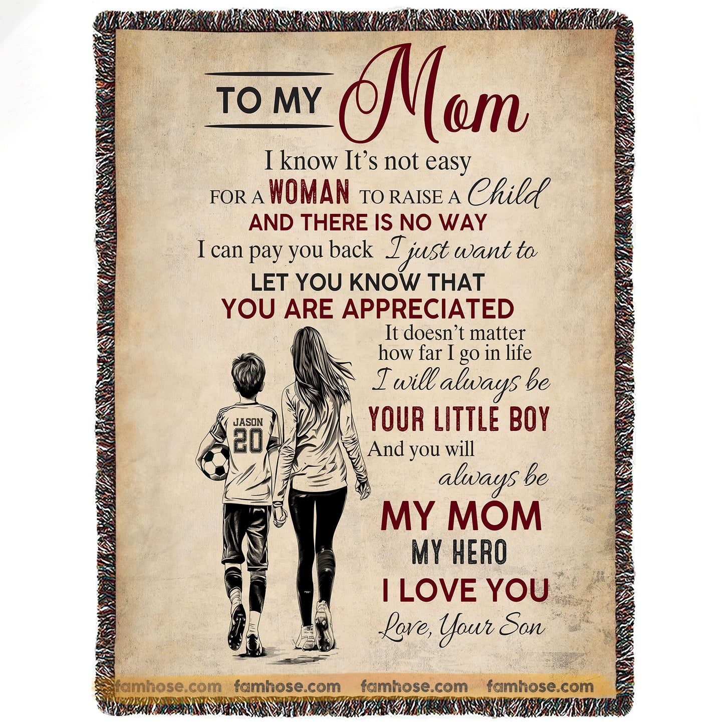 Personalized Soccer Mom & Son Fleece Blanket, To My Mom I Know It Not Easy Woven Blanket, Cool Sherpa Blanket Mother's Day Gift For Mom From Soccer Boy