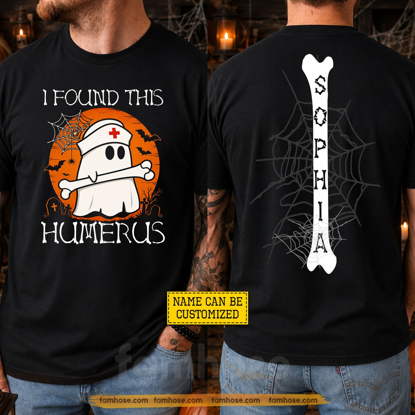 Vintage Personalized Halloween Nurse Boo Two-sided T-shirt, I Found This Humerus Tees Spooky Season Gift For Nurse Lover