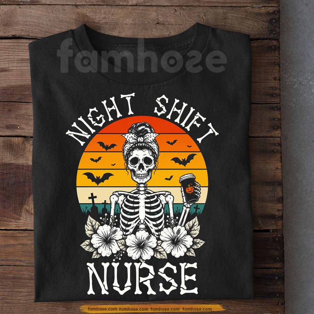 Vintage Halloween Skeleton & Nurse T-Shirt, Night Shift Nurse Tees Spooky Season Gift For Nurse Lover