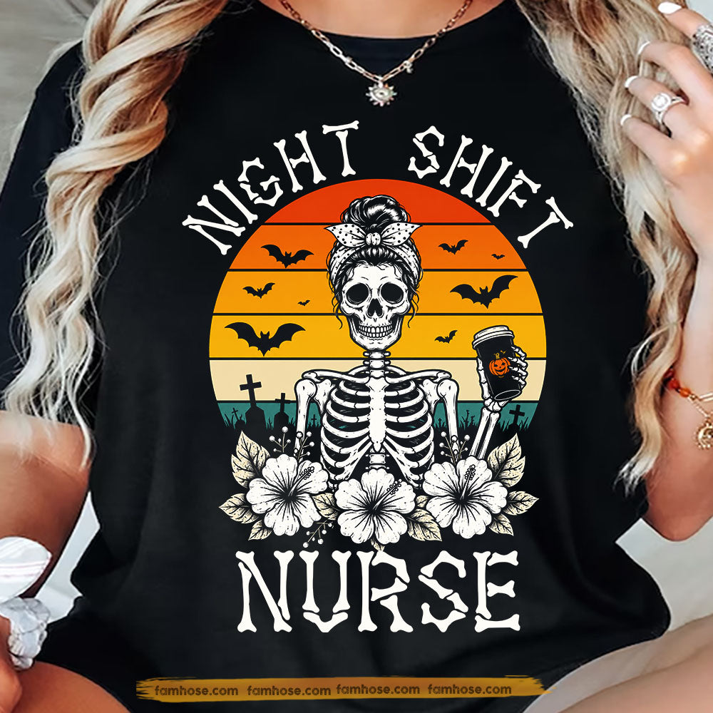 Vintage Halloween Skeleton & Nurse T-Shirt, Night Shift Nurse Tees Spooky Season Gift For Nurse Lover
