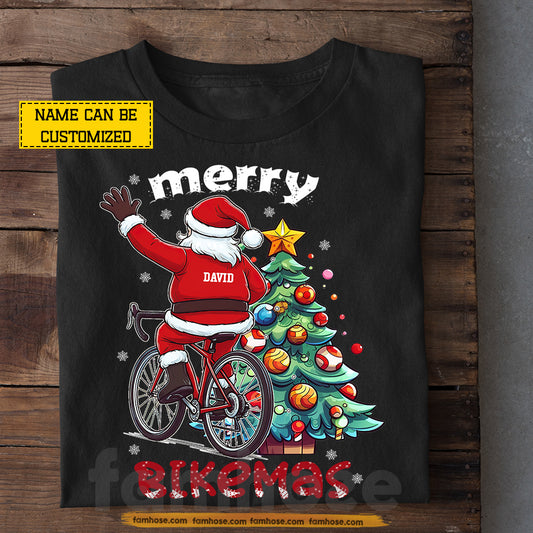 Funny Personalized Santa Riding Bike Christmas T-Shirt, Merry Bikemas, Sports Tee Xmas Gift For Cycling Lovers