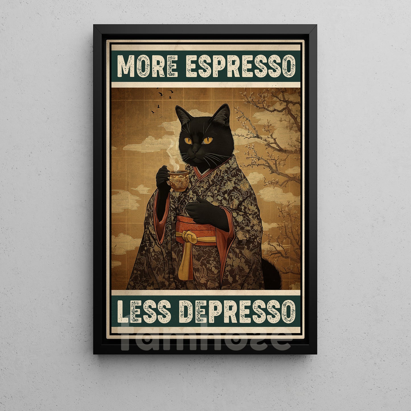 Funny Coffee Cat Canvas Painting, More Espresso Less Depresso Wall Art Decor, Poster Gift For Cat Lovers, Coffee Lovers