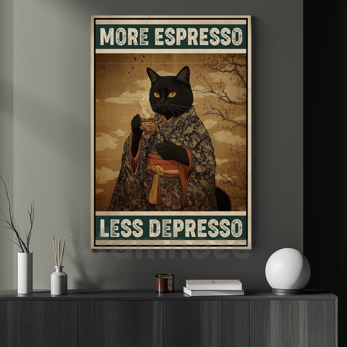 Funny Coffee Cat Canvas Painting, More Espresso Less Depresso Wall Art Decor, Poster Gift For Cat Lovers, Coffee Lovers