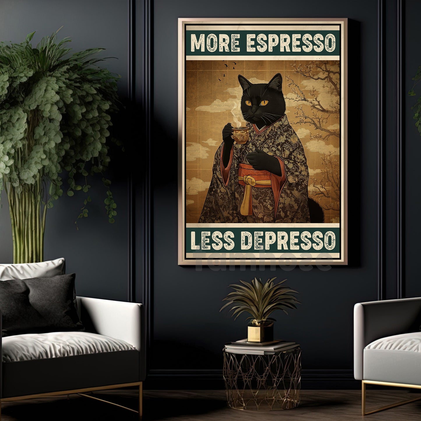 Funny Coffee Cat Canvas Painting, More Espresso Less Depresso Wall Art Decor, Poster Gift For Cat Lovers, Coffee Lovers