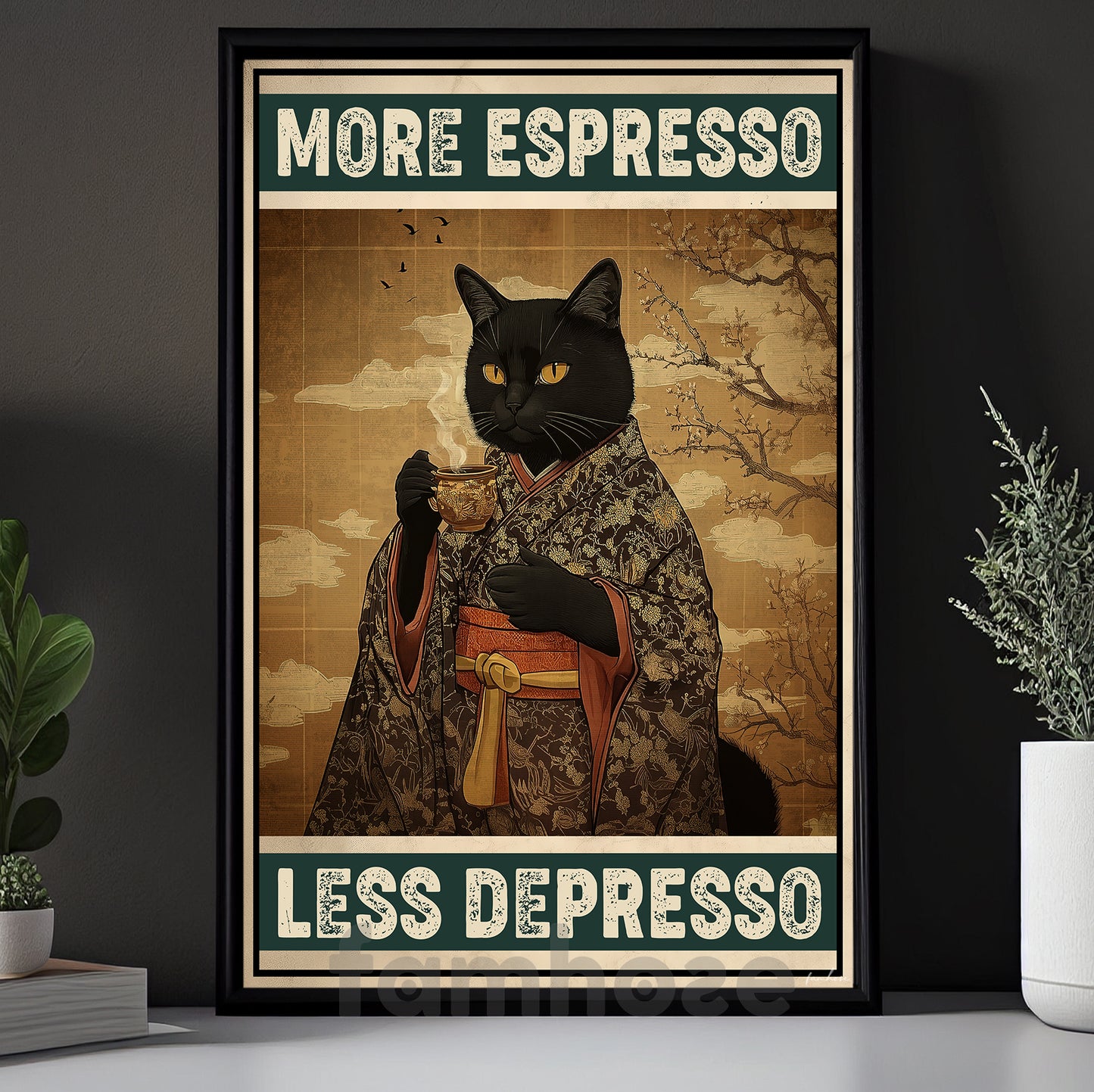 Funny Coffee Cat Canvas Painting, More Espresso Less Depresso Wall Art Decor, Poster Gift For Cat Lovers, Coffee Lovers