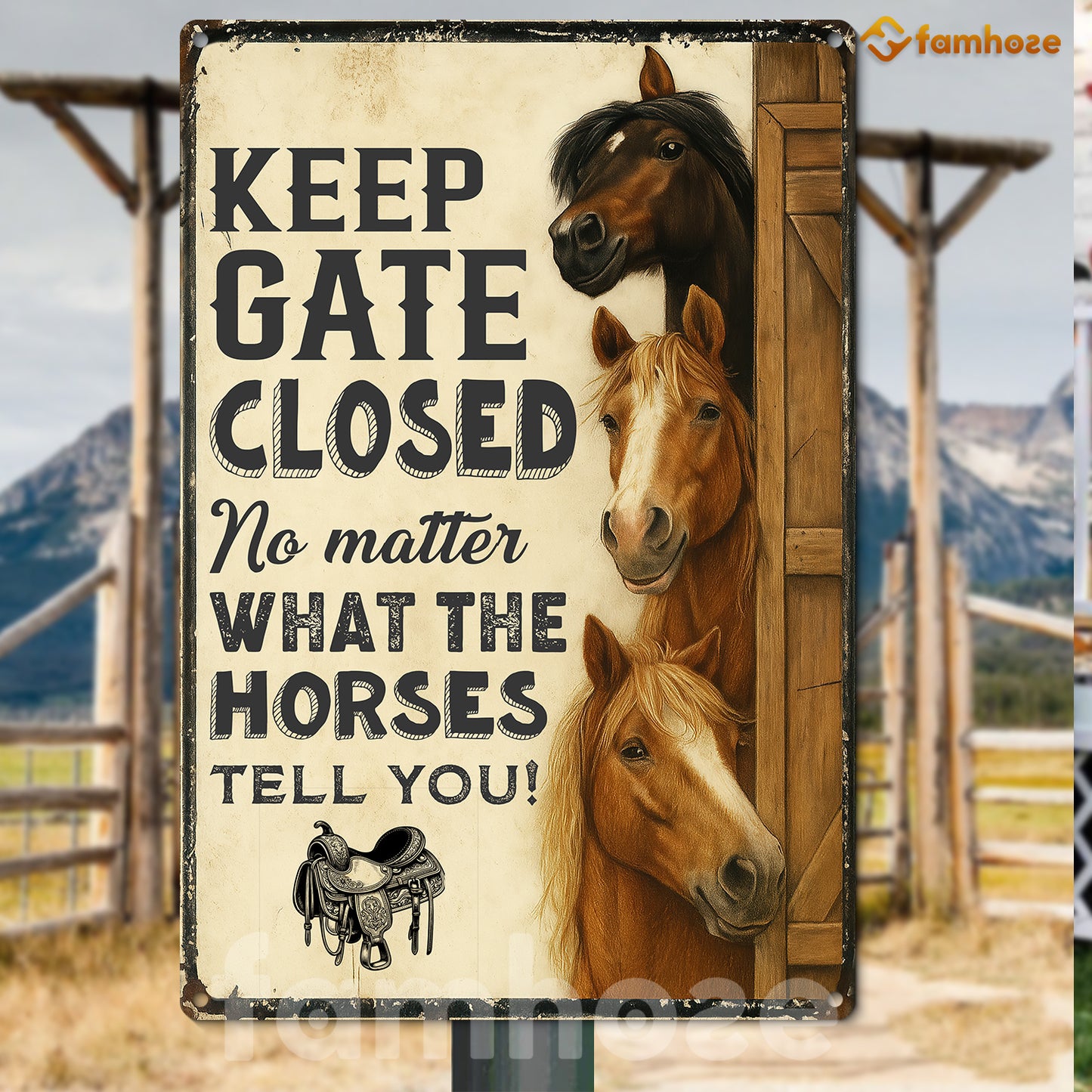Funny Horse Metal Sign, Keep Gate Closed Sport Sign, Field Decor Gift For Horse Lovers