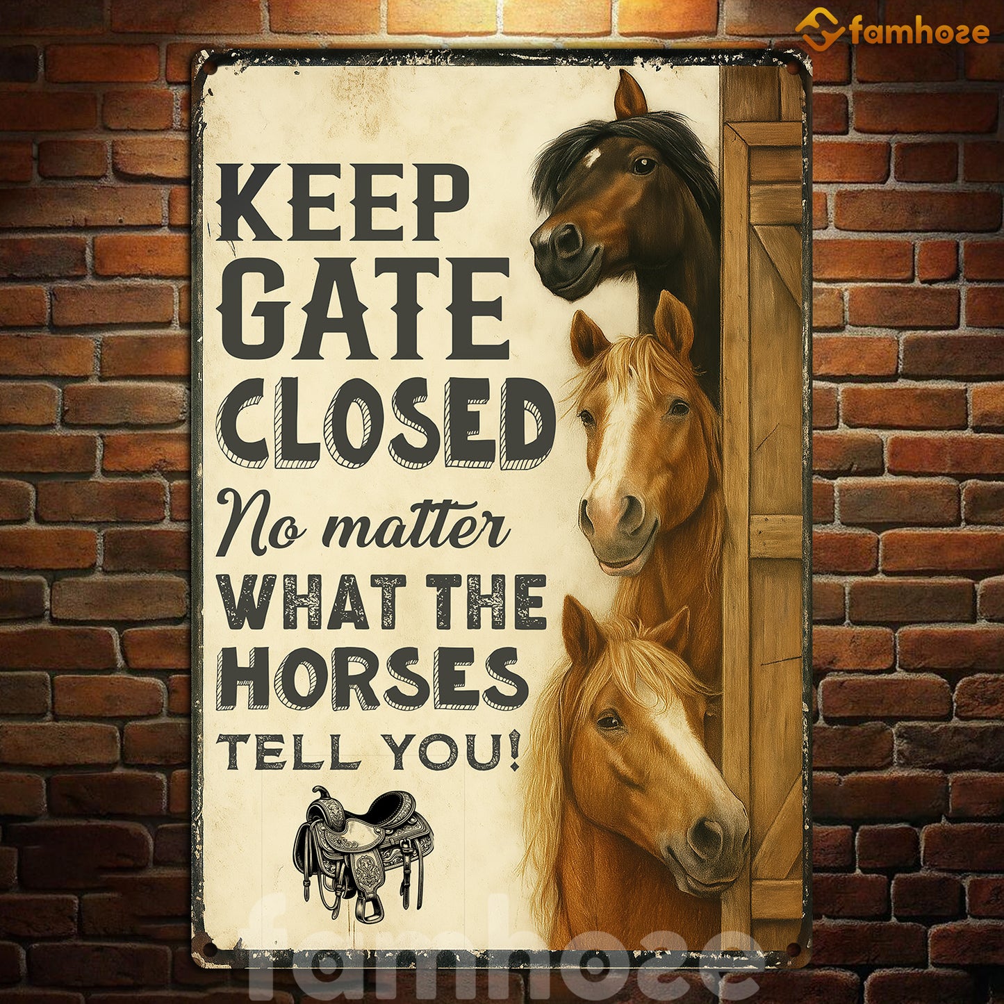 Funny Horse Metal Sign, Keep Gate Closed Sport Sign, Field Decor Gift For Horse Lovers