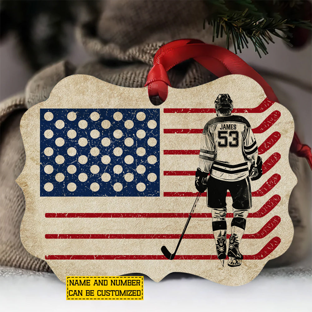 Personalized Hockey USA Flag Ornament, Pride Of Hockey Man Aluminum Ornament Gift For Hockey Lovers