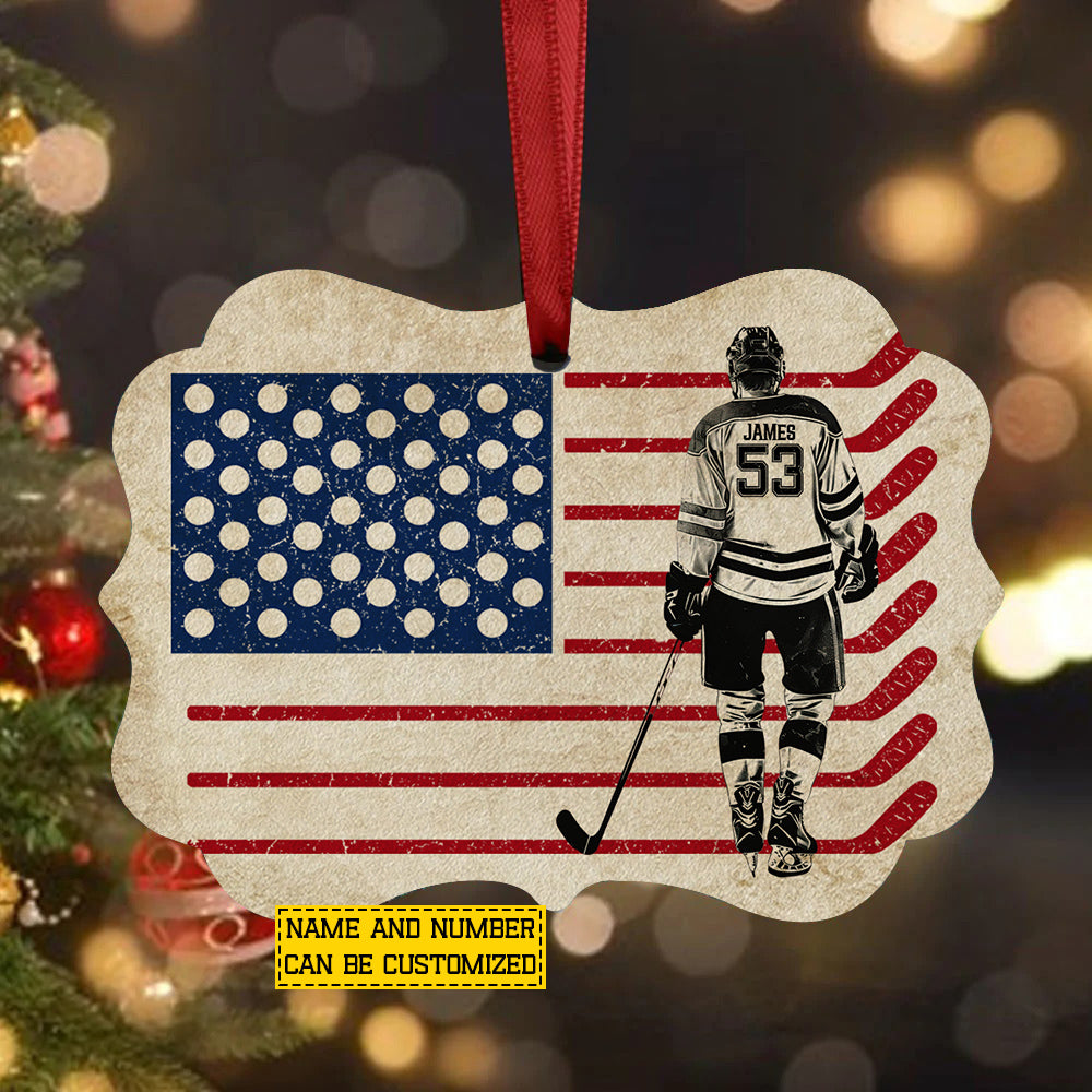 Personalized Hockey USA Flag Ornament, Pride Of Hockey Man Aluminum Ornament Gift For Hockey Lovers