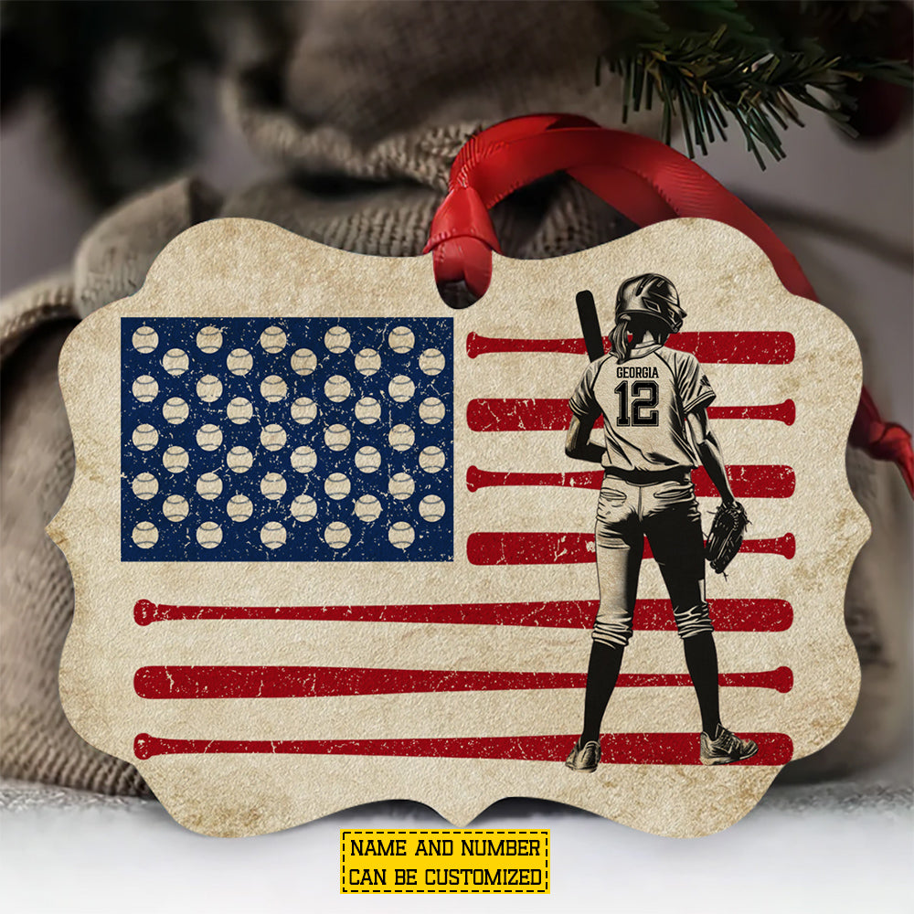Personalized Softball USA Flag Ornament, Pride Of Softball Woman Aluminum Ornament Gift For Softball Lovers