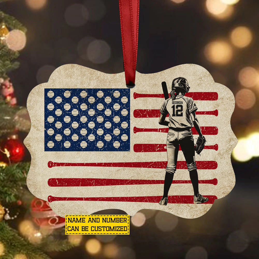 Personalized Softball USA Flag Ornament, Pride Of Softball Woman Aluminum Ornament Gift For Softball Lovers