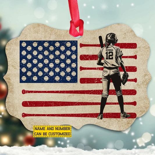 Personalized Softball USA Flag Ornament, Pride Of Softball Woman Aluminum Ornament Gift For Softball Lovers