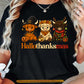 Halloween Thanksgiving Christmas Highland Cow T-shirt, Happy Hallothanksmas Tees Spooky Season Gift For Highland Cow Lover