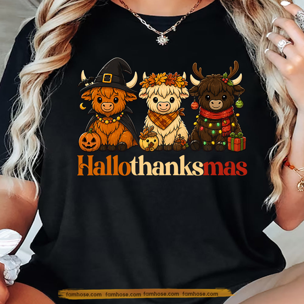 Halloween Thanksgiving Christmas Highland Cow T-shirt, Happy Hallothanksmas Tees Spooky Season Gift For Highland Cow Lover