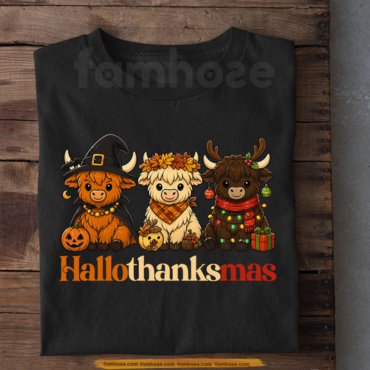 Halloween Thanksgiving Christmas Highland Cow T-shirt, Happy Hallothanksmas Tees Spooky Season Gift For Highland Cow Lover