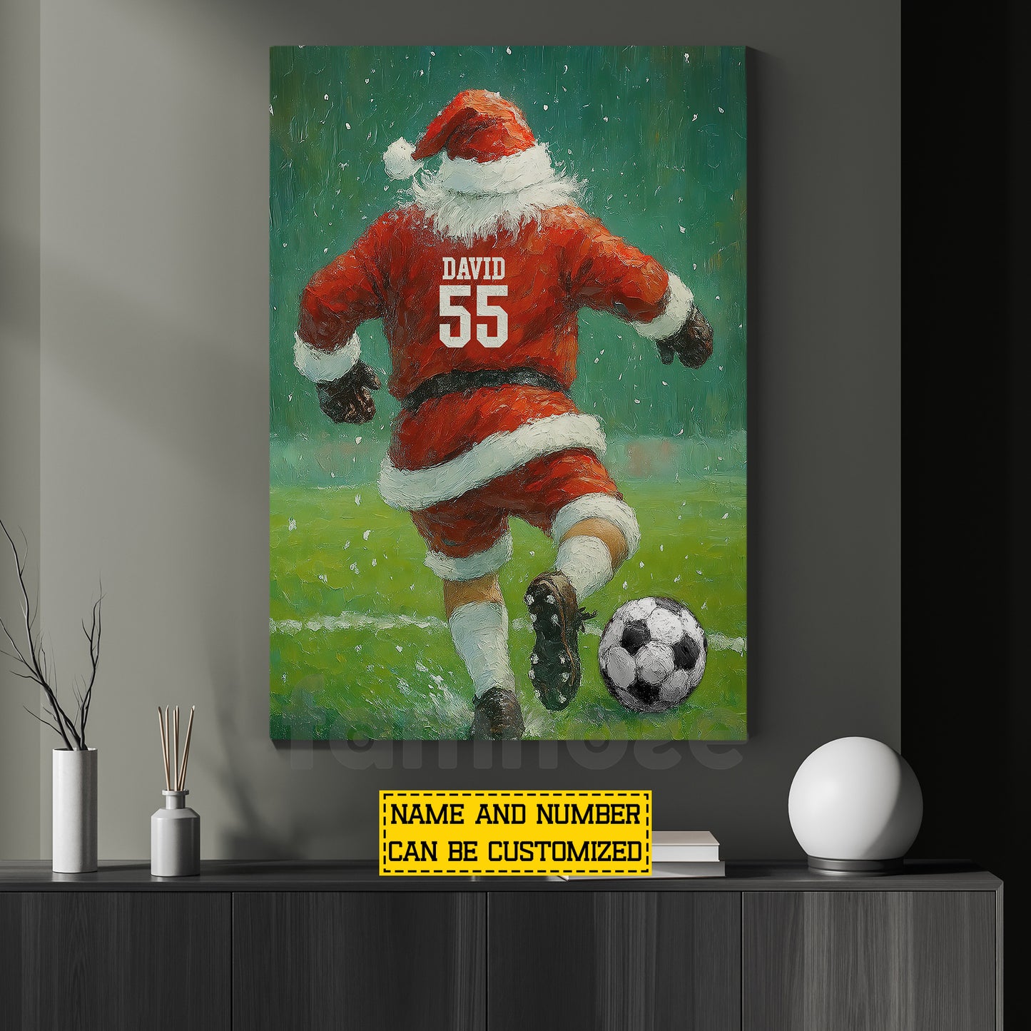 Funny Personalized Christmas Soccer Canvas Painting, Santa Playing Soccer Sport Wall Art Decor, Xmas Poster Gift For Soccer Lovers
