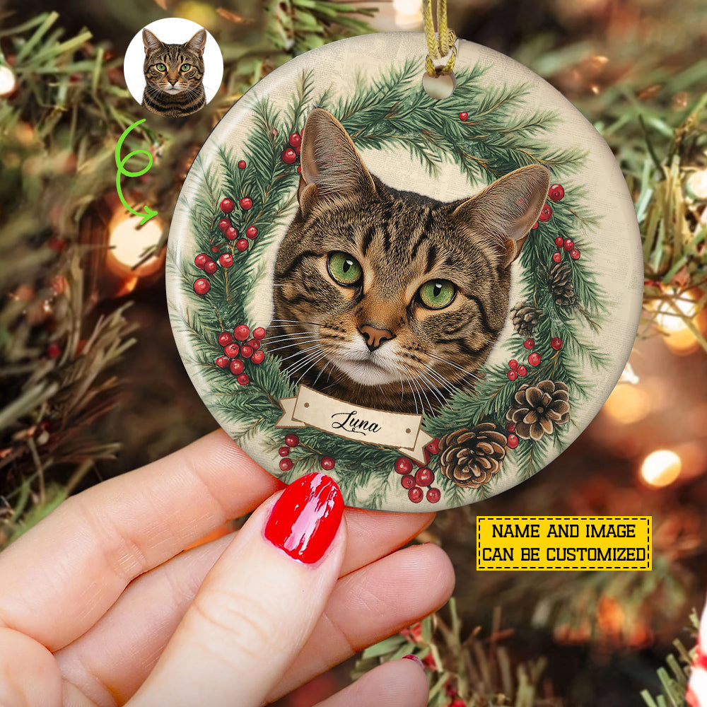 Personalized Cat Circle Ceramic Ornament, Portrait Of A Friend Ornament Gift For Cat Lovers