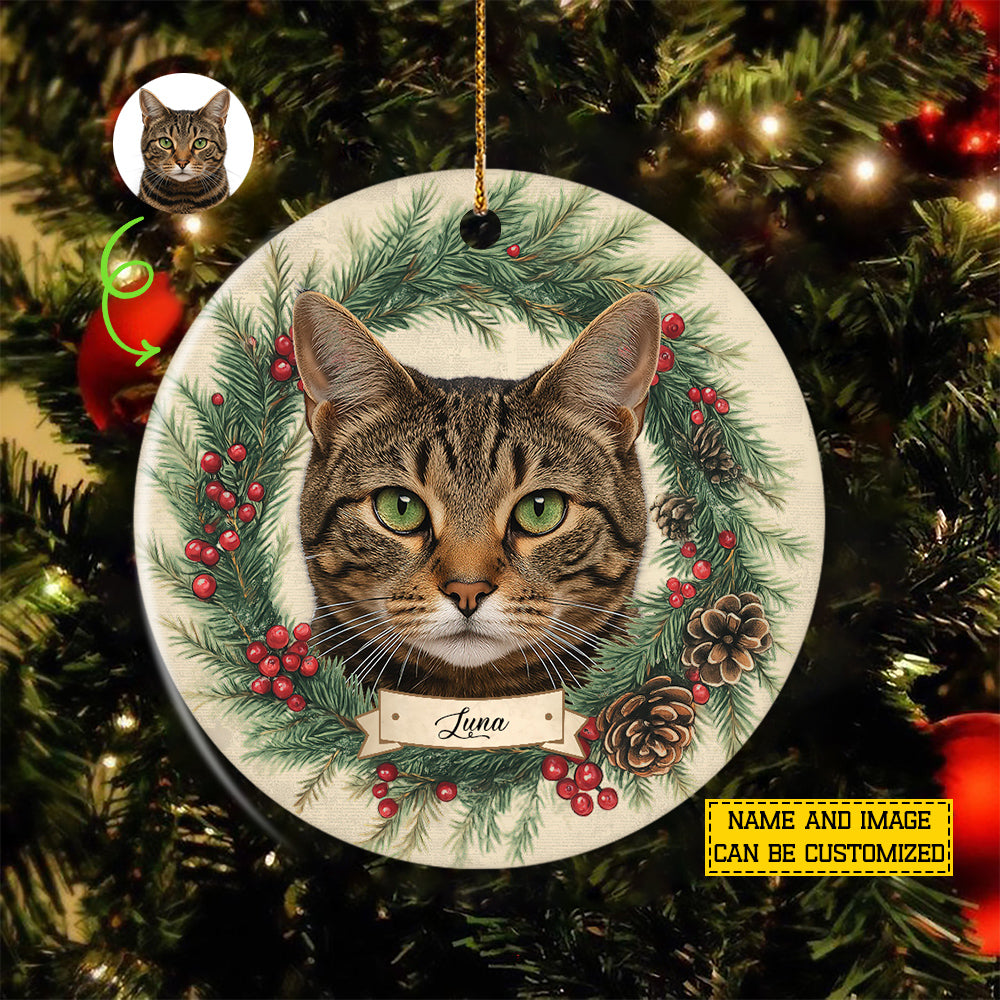 Personalized Cat Circle Ceramic Ornament, Portrait Of A Friend Ornament Gift For Cat Lovers