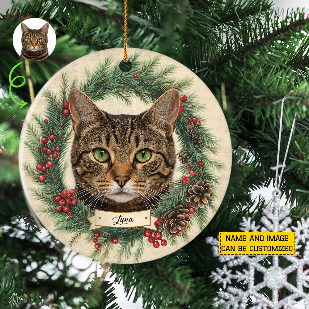 Personalized Cat Circle Ceramic Ornament, Portrait Of A Friend Ornament Gift For Cat Lovers