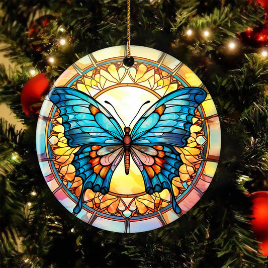 Radiant Stained Glass Butterfly, Butterfly Circle Ceramic Ornament Christmas Gift For Butterfly Lovers