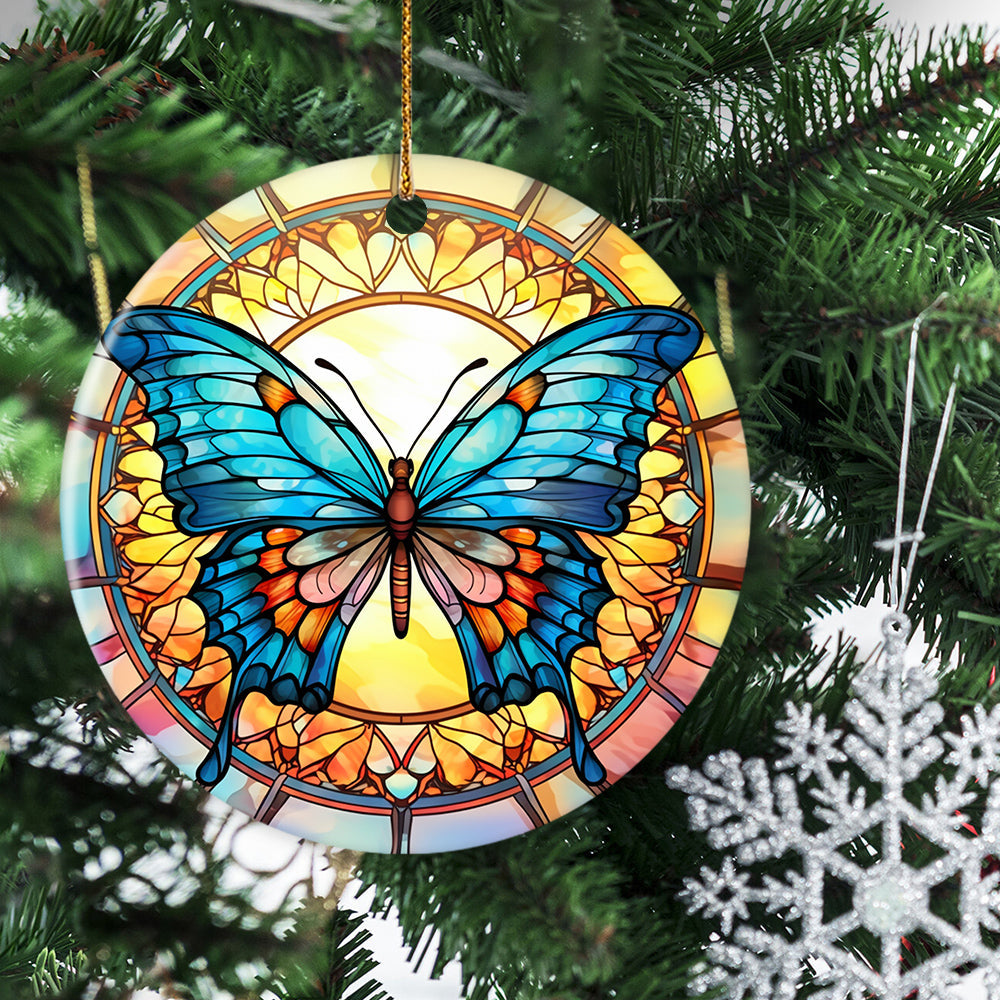 Radiant Stained Glass Butterfly, Butterfly Circle Ceramic Ornament Christmas Gift For Butterfly Lovers