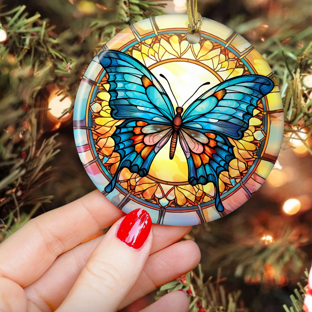 Radiant Stained Glass Butterfly, Butterfly Circle Ceramic Ornament Christmas Gift For Butterfly Lovers