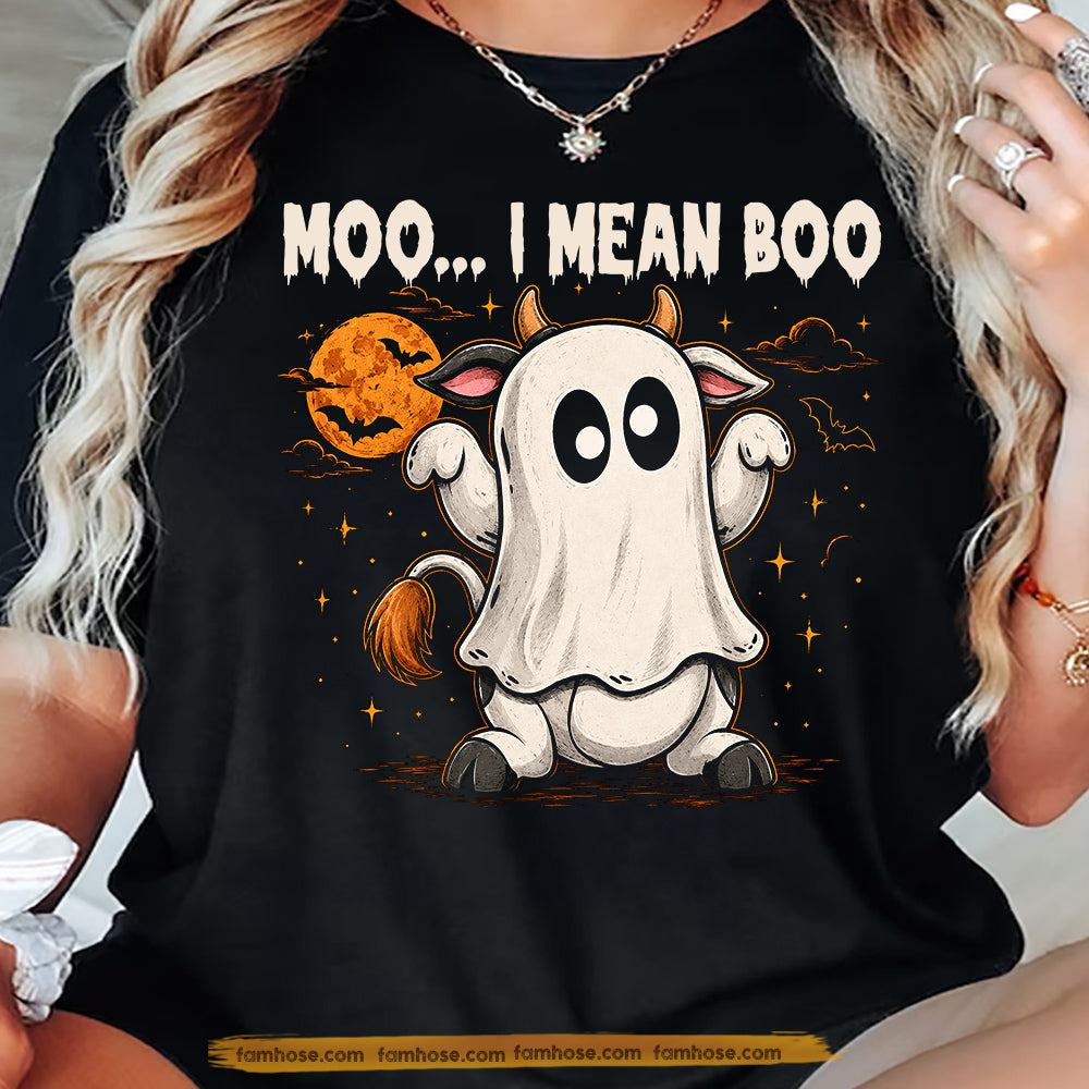 Funny Halloween Ghost Cow T-Shirt, Moo I Mean Boo Tees Spooky Season Gift For Cow Lover