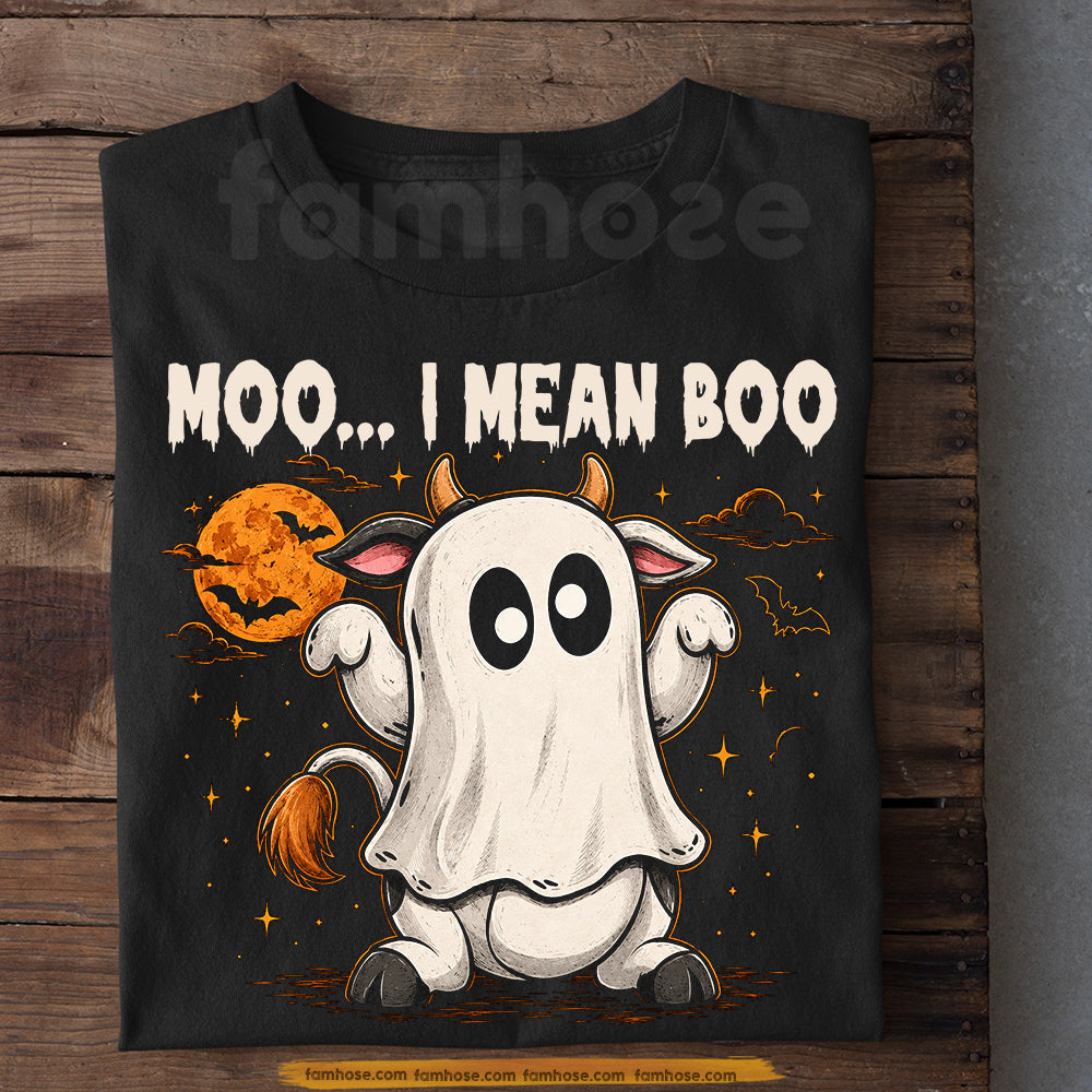 Funny Halloween Ghost Cow T-Shirt, Moo I Mean Boo Tees Spooky Season Gift For Cow Lover