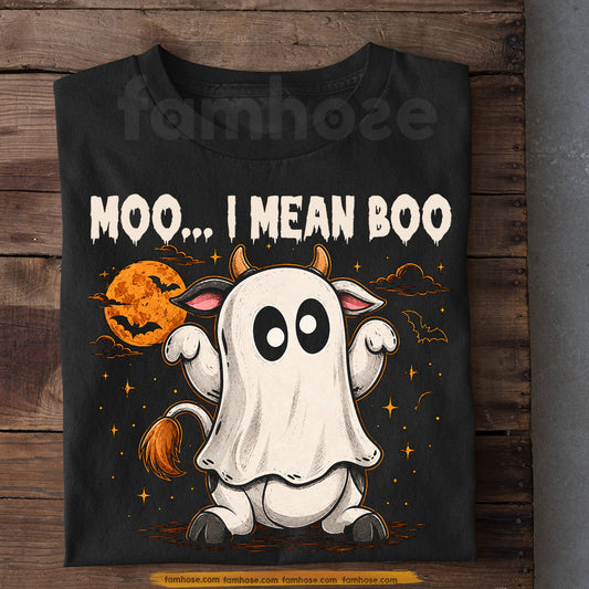 Funny Halloween Ghost Cow T-Shirt, Moo I Mean Boo Tees Spooky Season Gift For Cow Lover