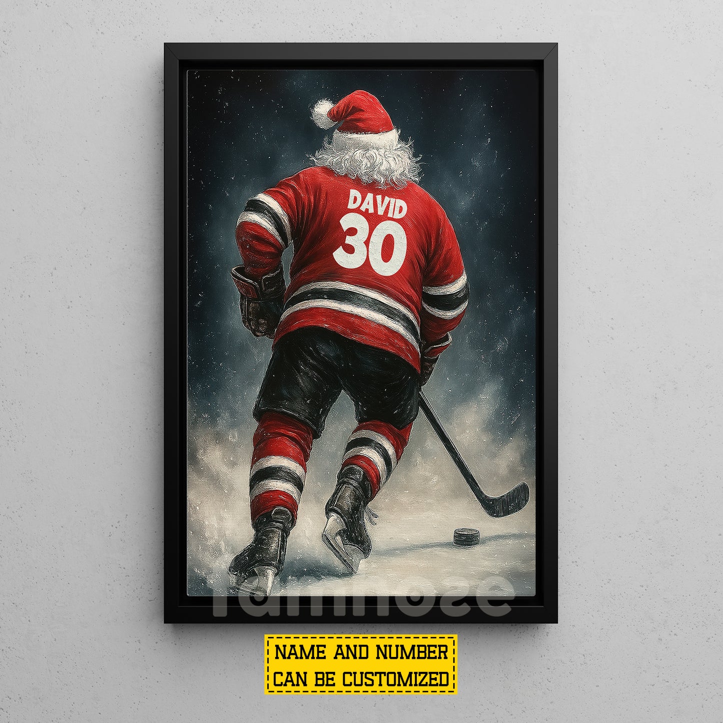 Personalized Christmas Hockey Canvas Painting, Santa Claus Playing Hockey Wall Art Decor, Xmas Poster Gift For Hockey Lovers