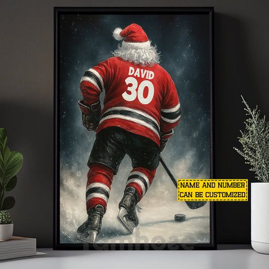 Personalized Christmas Hockey Canvas Painting, Santa Claus Playing Hockey Wall Art Decor, Xmas Poster Gift For Hockey Lovers