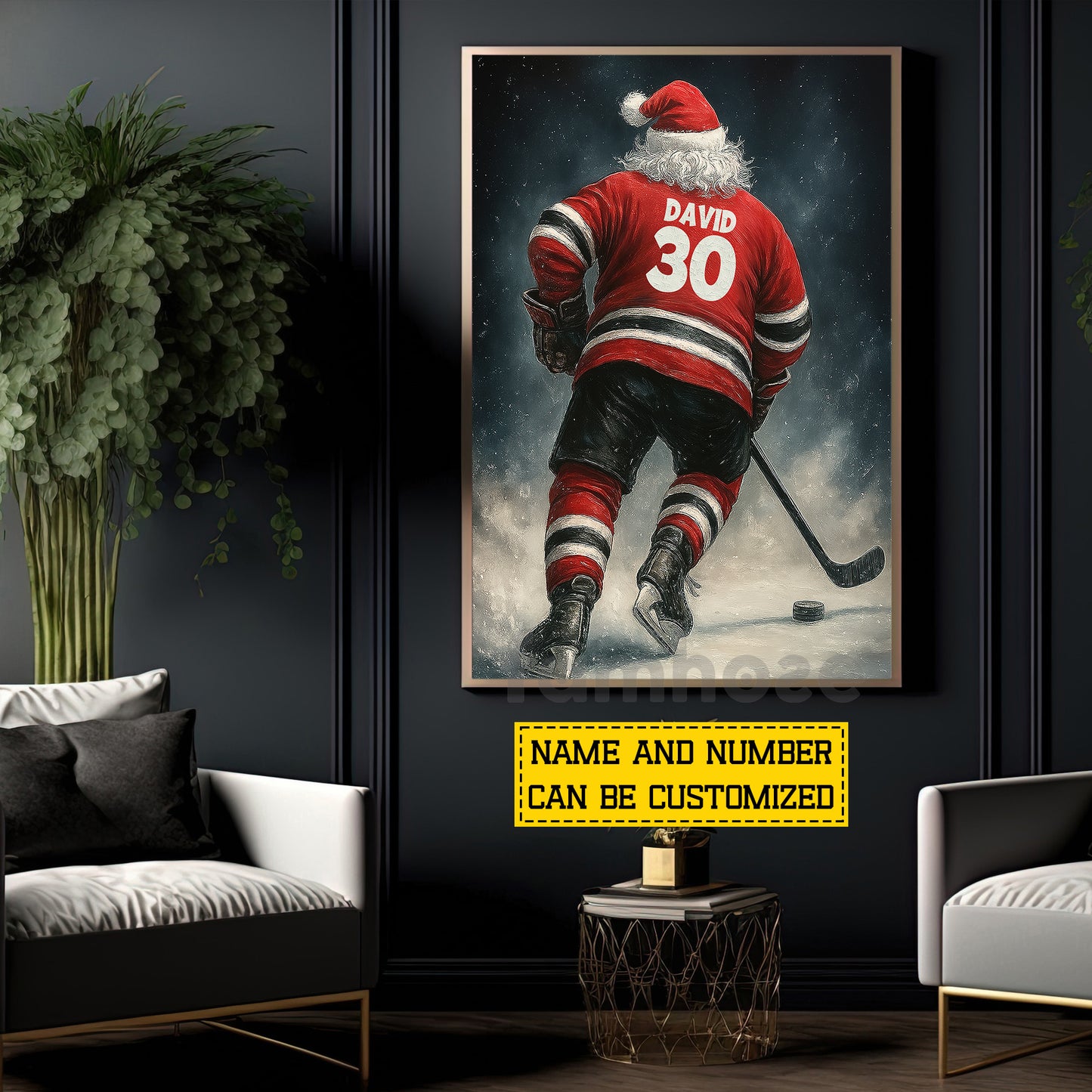 Personalized Christmas Hockey Canvas Painting, Santa Claus Playing Hockey Wall Art Decor, Xmas Poster Gift For Hockey Lovers