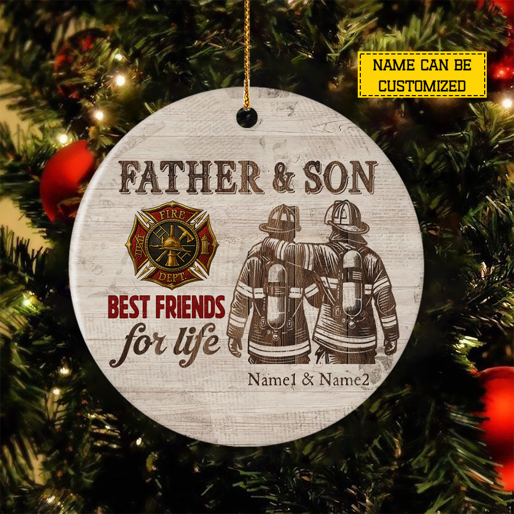 Personalized Firefighter Circle Ceramic Ornament, Father & Son Best Friends For Life Ornament Gift For Firefighter Lovers