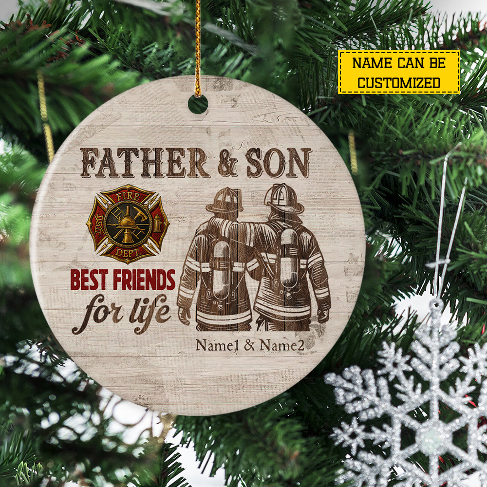 Personalized Firefighter Circle Ceramic Ornament, Father & Son Best Friends For Life Ornament Gift For Firefighter Lovers