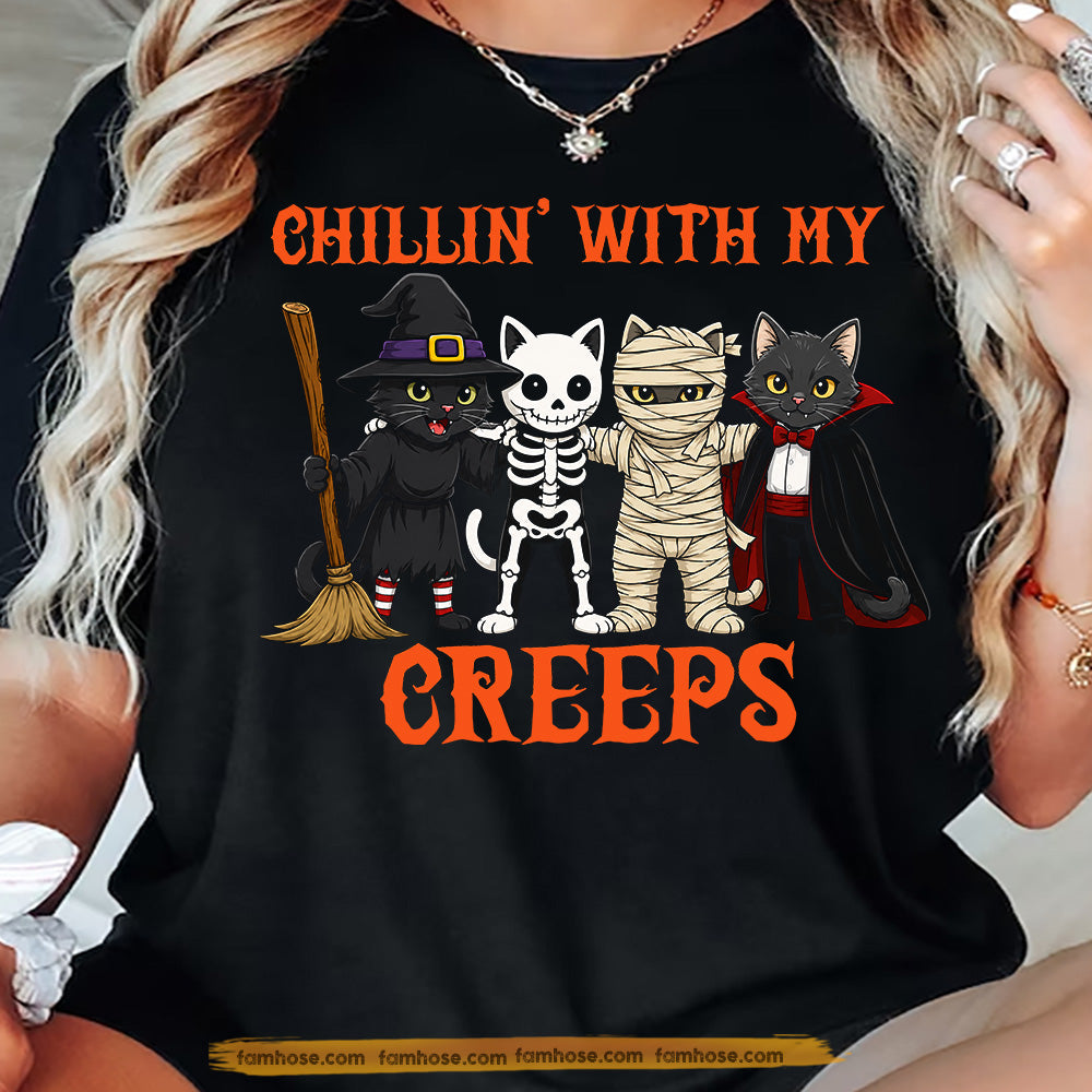 Halloween Black Cat T-shirt, Chillin’ With My Creeps Tees Spooky Season Gift For Cat Lover