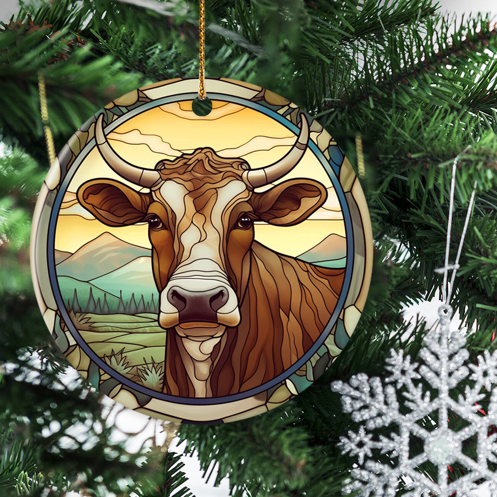 Serene Meadow Cow, Cow Circle Ceramic Ornament Christmas Gift For Cow Lovers