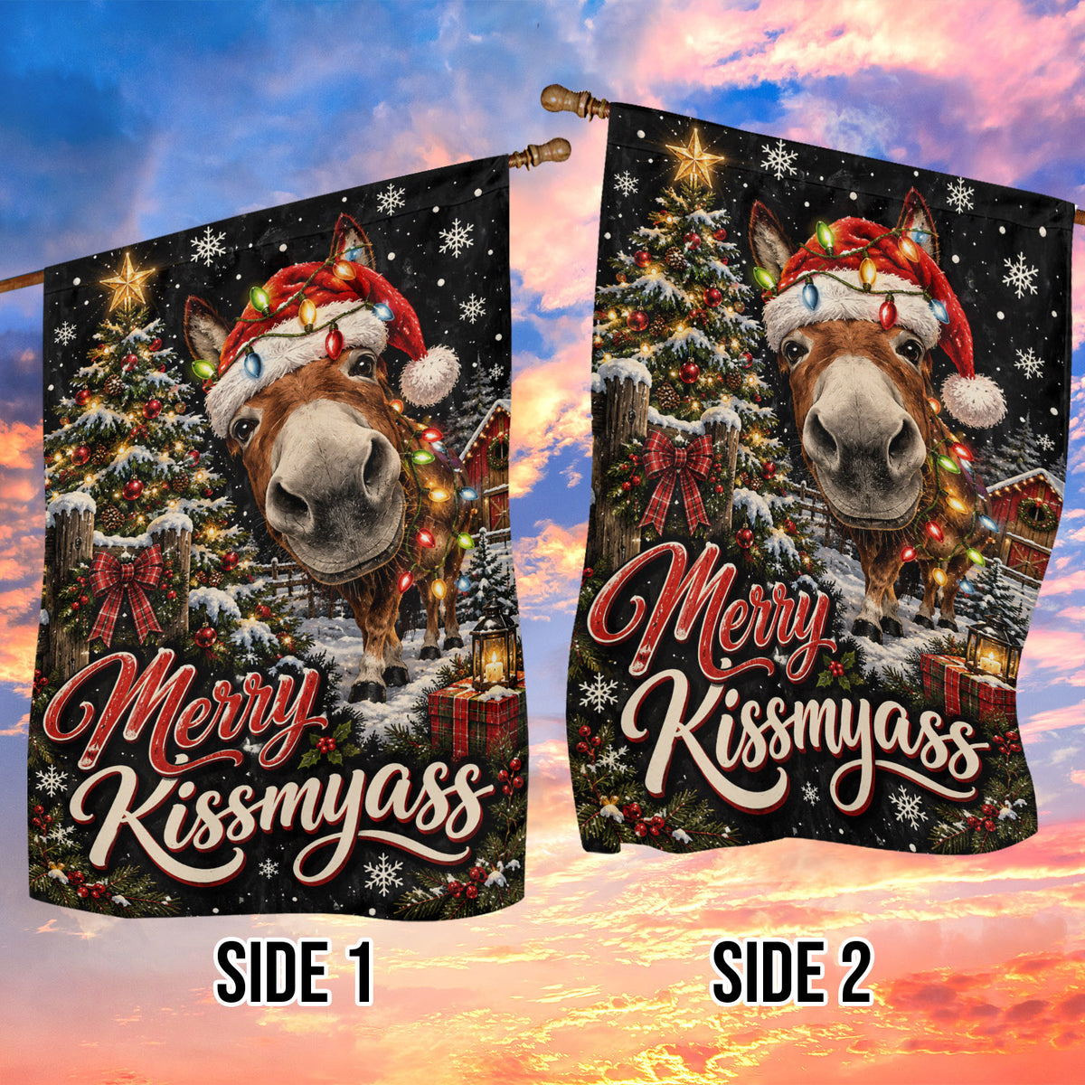 Funny Christmas Donkey Garden & House Flag, Merry Kiss My Ass Yard Flag, Vintage Xmas Gift For Donkey Lover