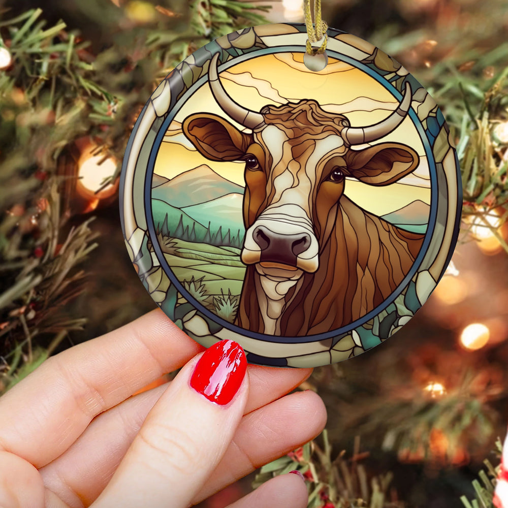 Serene Meadow Cow, Cow Circle Ceramic Ornament Christmas Gift For Cow Lovers