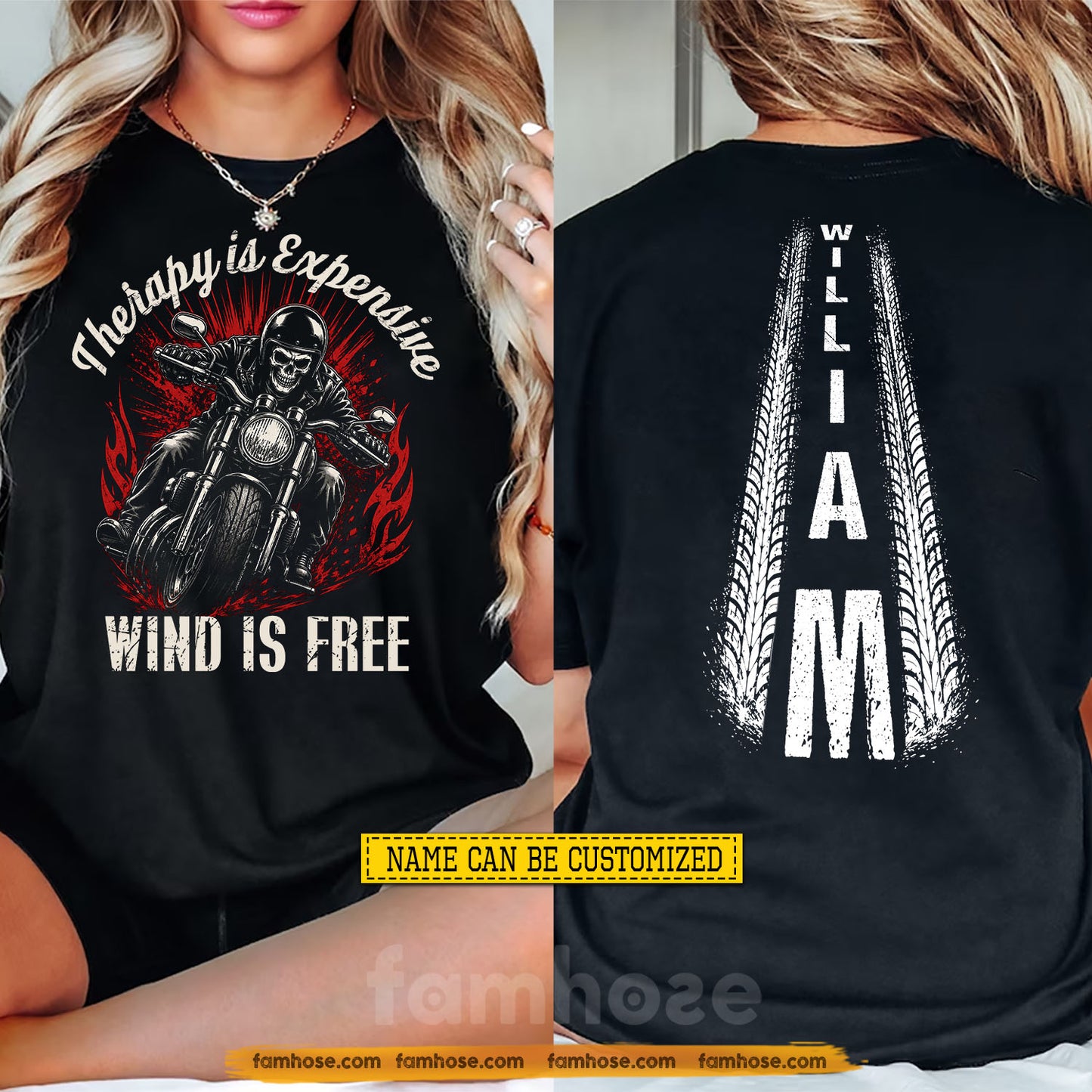 Personalized Motorcycle Two-sided T-shirt, Therapy Is Expensive, Wind Is Free Tees Gift For Bikers