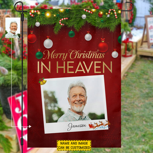 Personalized Christmas Garden & House Flag, Merry Christmas In Heaven Yard Flag, Xmas Gift