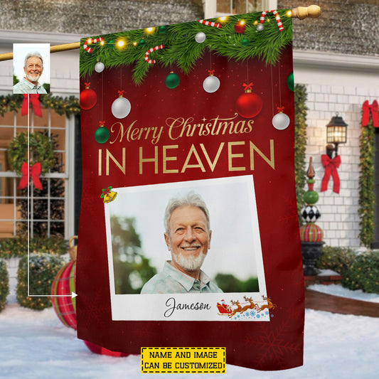 Personalized Christmas Garden & House Flag, Merry Christmas In Heaven Yard Flag, Xmas Gift