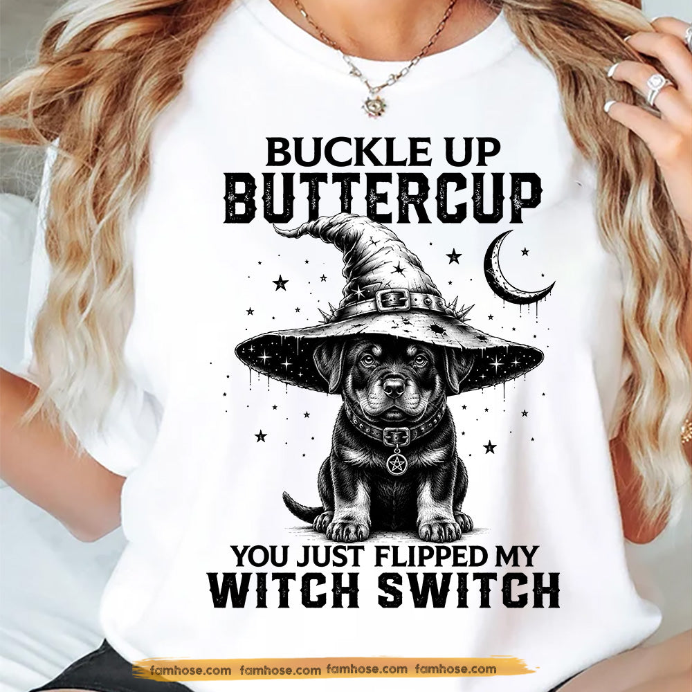 Halloween Rottweiler Dog Witch T-Shirt, Buckle Up Buttercup Tees Spooky Season Gift For Dog Lover