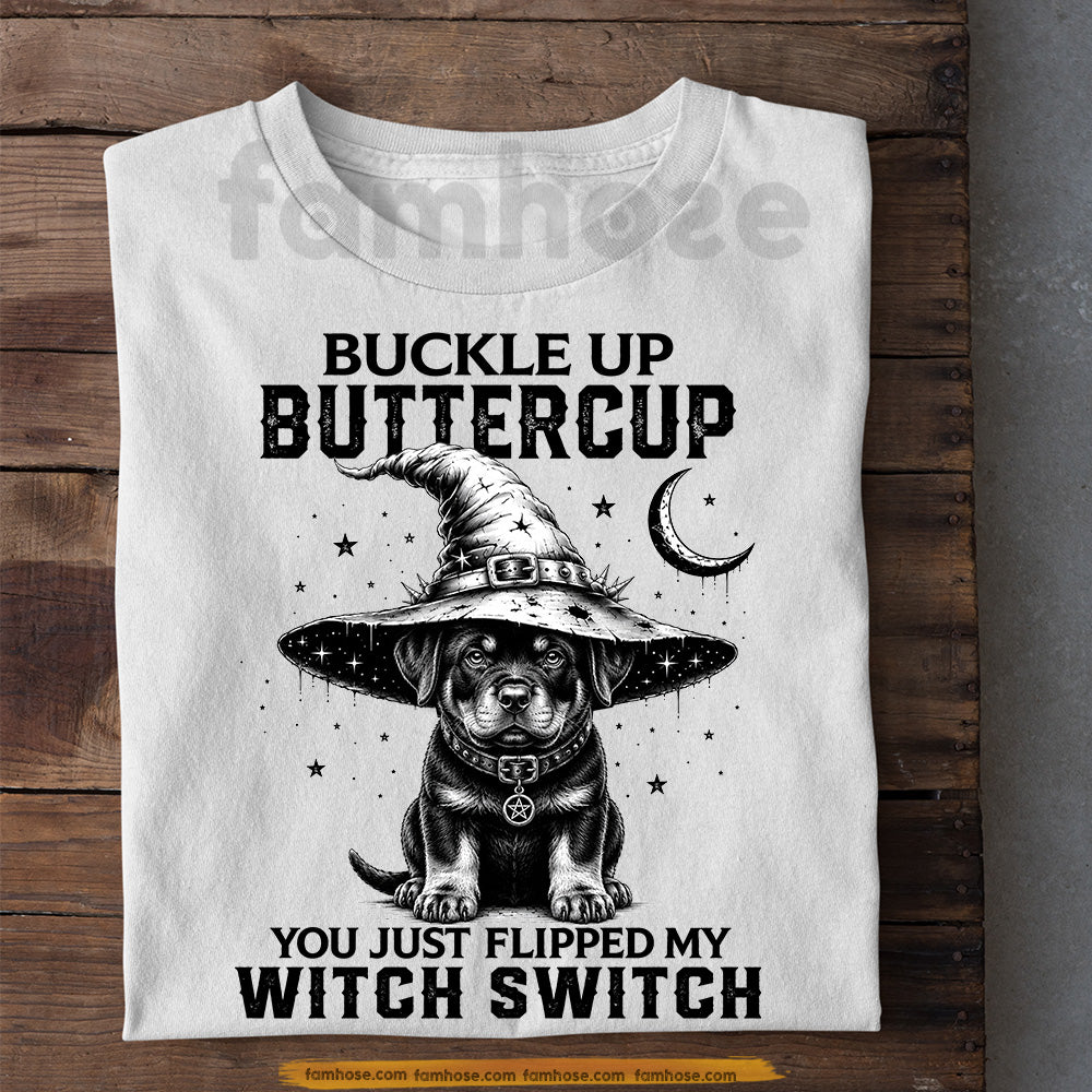 Halloween Rottweiler Dog Witch T-Shirt, Buckle Up Buttercup Tees Spooky Season Gift For Dog Lover