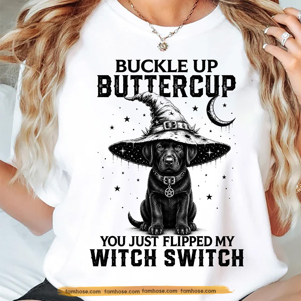 Halloween Black Labrador Retriever Dog Witch T-Shirt, Buckle Up Buttercup Tees Spooky Season Gift For Dog Lover