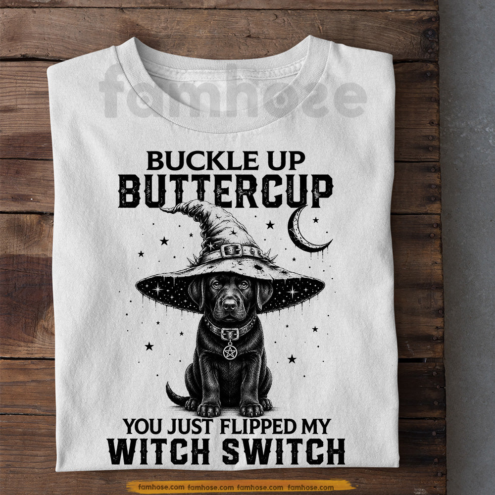 Halloween Black Labrador Retriever Dog Witch T-Shirt, Buckle Up Buttercup Tees Spooky Season Gift For Dog Lover